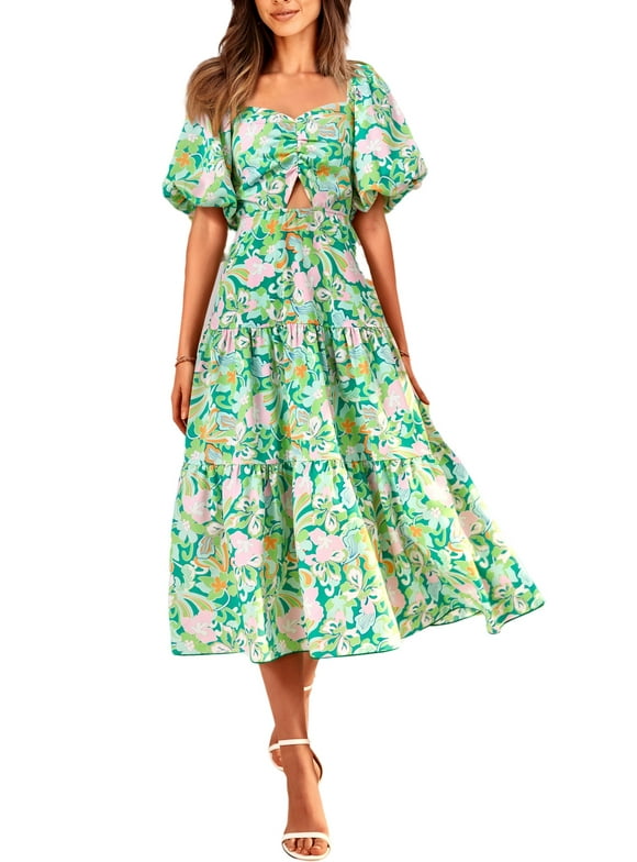 Women Summer Dresses Casual Flowy Beach Square Neck Puff Short Sleeve Smocked Back Boho Floral Long Maxi Dress