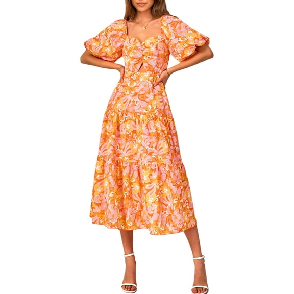 FreshPretty Women Summer Dresses Casual Flowy Beach Square Neck Puff Short Sleeve Smocked Back Boho Floral Long Maxi Dress