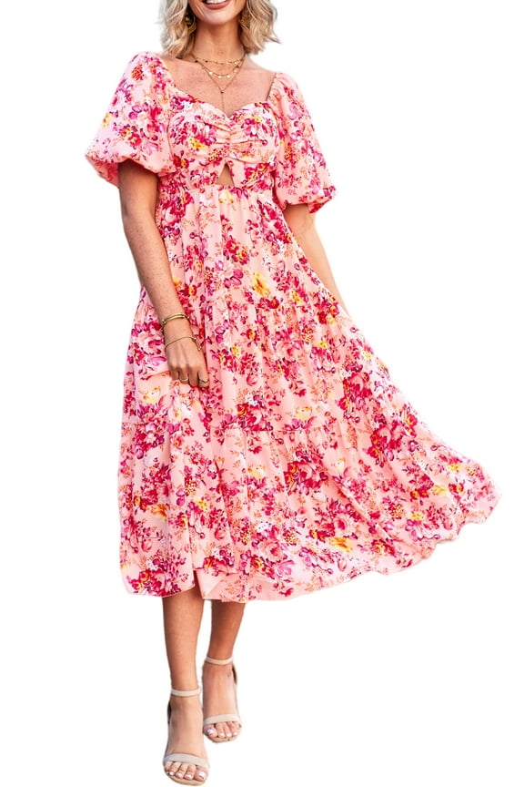 Women Summer Dresses Casual Flowy Beach Square Neck Puff Short Sleeve Smocked Back Boho Floral Long Maxi Dress