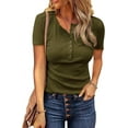 thumbnail image 1 of FreshPretty Women Summer Henley Tunic Top V Neck Short Sleeve Button UP Solid Slim Fit Casual Ribbed Knit Shirt Blouses, 1 of 4