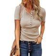 thumbnail image 1 of FreshPretty Women Summer Henley Tunic Top V Neck Short Sleeve Button UP Solid Slim Fit Casual Ribbed Knit Shirt Blouses, 1 of 4