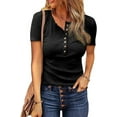 thumbnail image 1 of FreshPretty Women Summer Henley Tunic Top V Neck Short Sleeve Button UP Solid Slim Fit Casual Ribbed Knit Shirt Blouses, 1 of 4