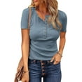 thumbnail image 1 of FreshPretty Women Summer Henley Tunic Top V Neck Short Sleeve Button UP Solid Slim Fit Casual Ribbed Knit Shirt Blouses, 1 of 4