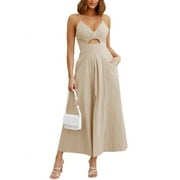 FRESHPRETTY Women Summer Spaghetti Strap Dress Sleeveless V Neck Cutout Slit Casual Beach Party Maxi Dresses with Pockets