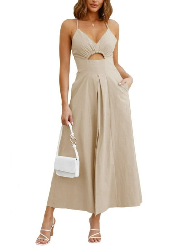 Women Summer Spaghetti Strap Dress Sleeveless V Neck Cutout Slit Casual Beach Party Maxi Dresses with Pockets