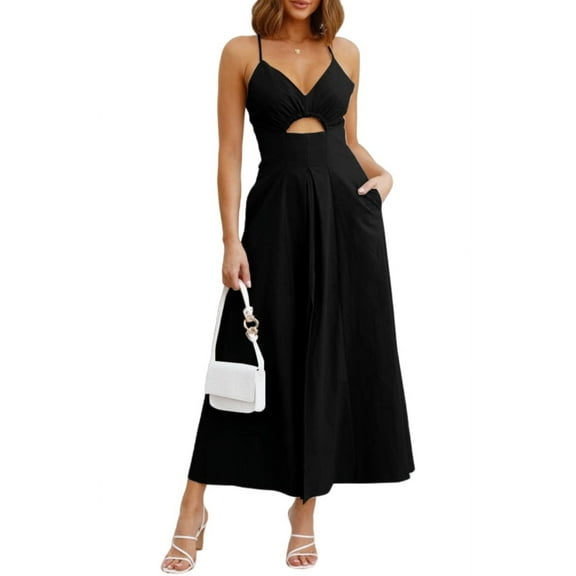 FreshPretty Women Summer Spaghetti Strap Dress Sleeveless V Neck Cutout Slit Casual Beach Party Maxi Dresses with Pockets