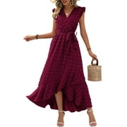 FreshPretty Women V Neck Summer Dress Cap Sleeve Swiss Dot Boho Flowy Ruffle Slit Beach Party Long Maxi Cocktail Dresses
