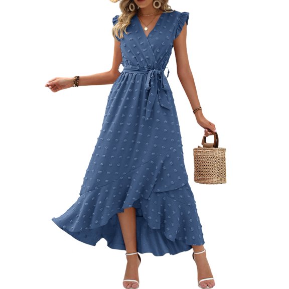FreshPretty Women V Neck Summer Dress Cap Sleeve Swiss Dot Boho Flowy Ruffle Slit Beach Party Long Maxi Cocktail Dresses