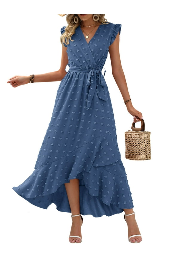 Women V Neck Summer Dress Cap Sleeve Swiss Dot Boho Flowy Ruffle Slit Beach Party Long Maxi Cocktail Dresses