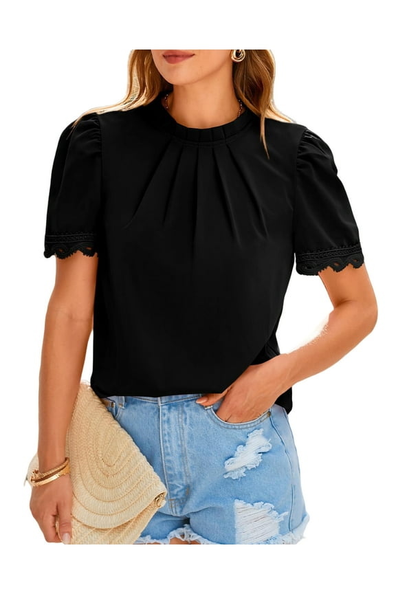 Women's Dressy Casual Blouses Business Work Tops Lace Trim Short Sleeve Office Shirts Summer Spring Outfits