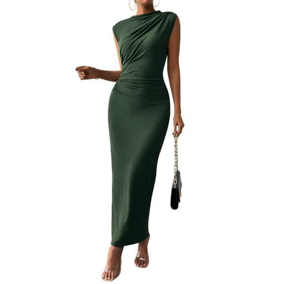 FreshPretty Women's Ruched Bodycon Dress Summer Casual Sleeveless Back Slit Elegant Club Evening Party Cocktail Maxi Dresses