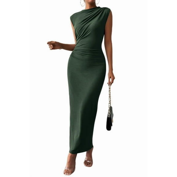 FreshPretty Women's Ruched Bodycon Dress Summer Casual Sleeveless Back Slit Elegant Club Evening Party Cocktail Maxi Dresses