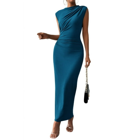 FreshPretty Women's Ruched Bodycon Dress Summer Casual Sleeveless Back Slit Elegant Club Evening Party Cocktail Maxi Dresses