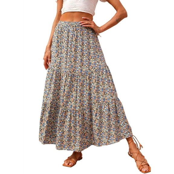 FreshPretty Women's Spring Summer High Waist Boho Floral Maxi Skirt Casual Flowy Swing Pleated A Line Beach Long Skirts
