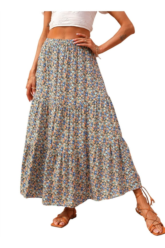 Women's Spring Summer High Waist Boho Floral Maxi Skirt Casual Flowy Swing Pleated A Line Beach Long Skirts