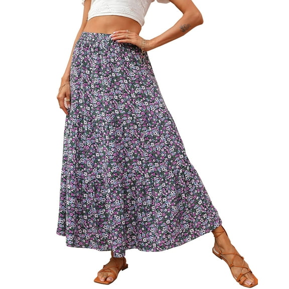 FreshPretty Women's Spring Summer High Waist Boho Floral Maxi Skirt Casual Flowy Swing Pleated A Line Beach Long Skirts