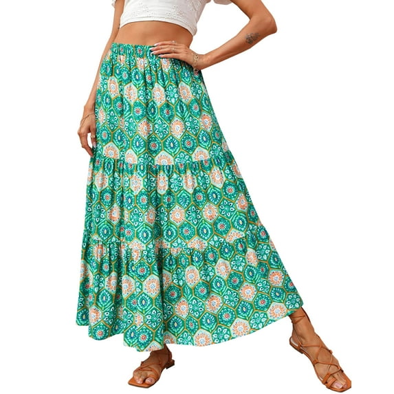 FreshPretty Women's Spring Summer High Waist Boho Floral Maxi Skirt Casual Flowy Swing Pleated A Line Beach Long Skirts
