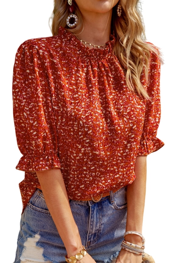 Women's Summer Boho Shirt Top Ruffle Short Sleeve Frill Trim Mock Neck Floral Solid Casual Blouses Shirts Tops