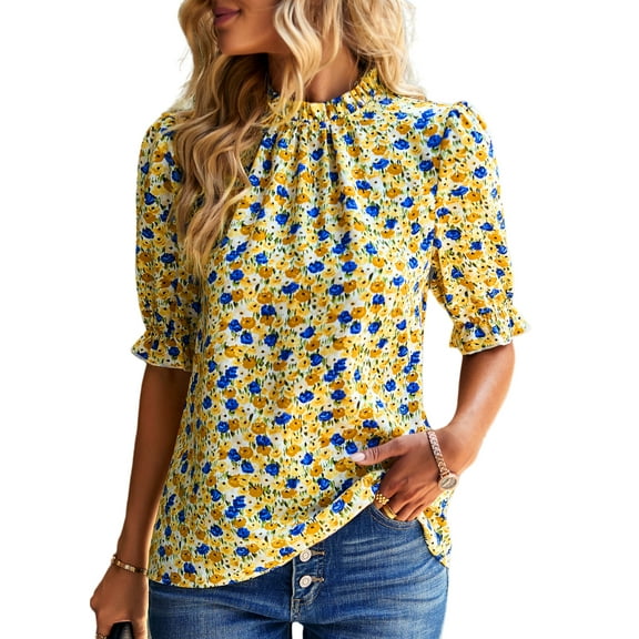 FreshPretty Women's Summer Boho Shirt Top Ruffle Short Sleeve Frill Trim Mock Neck Floral Solid Casual Blouses Shirts Tops