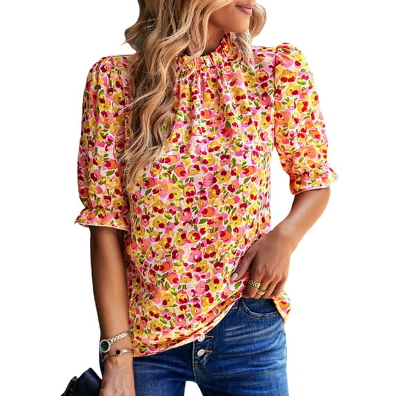 FreshPretty Women's Summer Boho Shirt Top Ruffle Short Sleeve Frill Trim Mock Neck Floral Solid Casual Blouses Shirts Tops