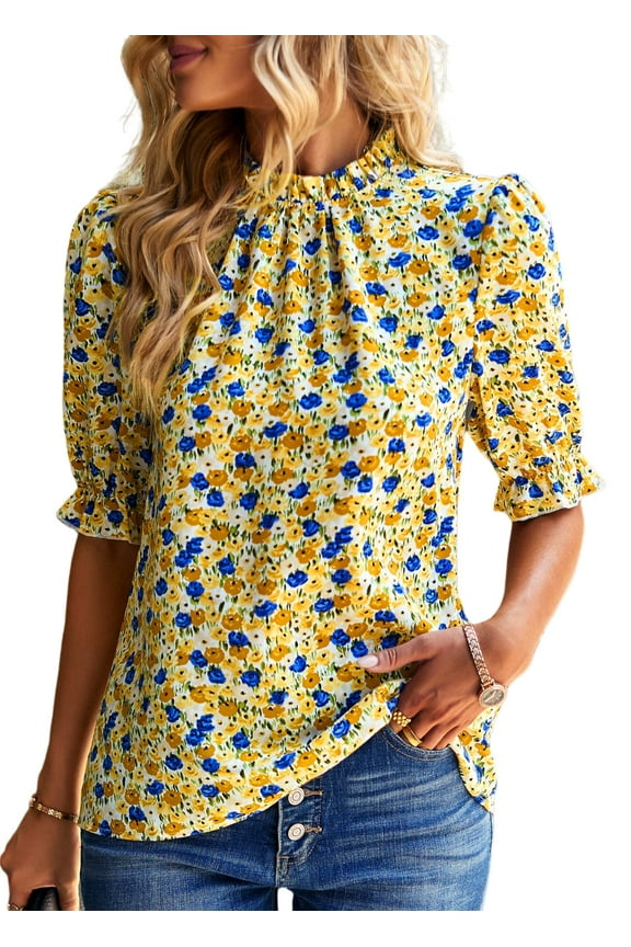 Women's Summer Boho Shirt Top Ruffle Short Sleeve Frill Trim Mock Neck Floral Solid Casual Blouses Shirts Tops