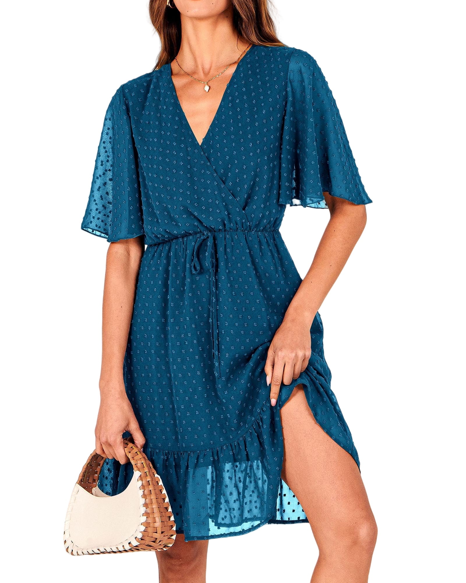 Summer Short Sleeve Casual Loose Dress Woman Solid Ruffles Vestidos Fashion V-Neck Dresses