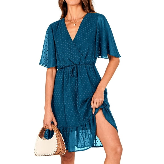 FreshPretty Women's Summer Dresses Casual Short Sleeve V Neck Ruffle Floral Print High Waist Flowy Mini Dress with Belt