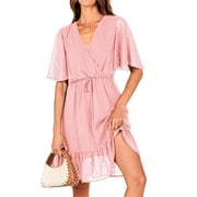 FRESHPRETTY Women's Summer Dresses Casual Short Sleeve V Neck Ruffle Floral Print High Waist Flowy Mini Dress with Belt