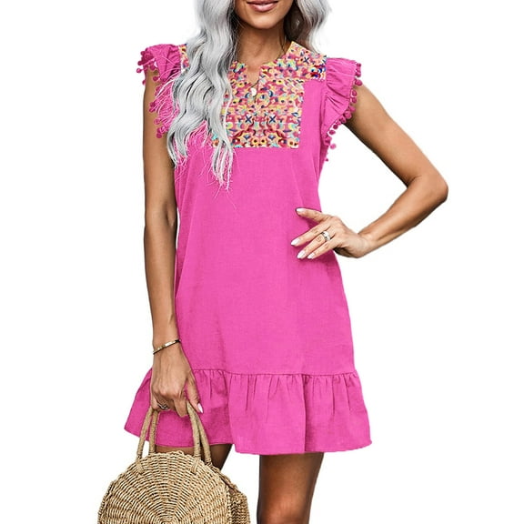 FreshPretty Women's Summer Mini Dress Casual V Neck Floral Embroidered Ruffle Sleeveless Shift Dress Flowy Boho Dress