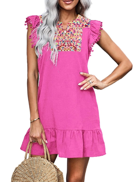 Women's Summer Mini Dress Casual V Neck Floral Embroidered Ruffle Sleeveless Shift Dress Flowy Boho Dress