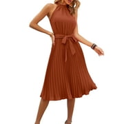 FRESHPRETTY Women's Summer Sleeveless Halter Neck Pleated Midi Cocktail Dresses A Line Flowy Beach Sun Dress with Belt