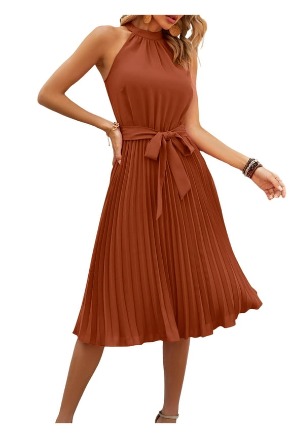 Women's Summer Sleeveless Halter Neck Pleated Midi Cocktail Dresses A Line Flowy Beach Sun Dress with Belt