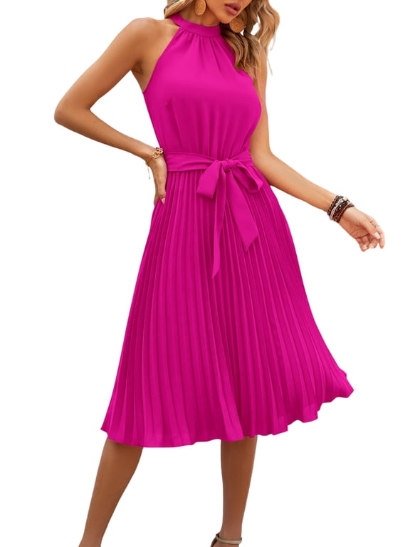 Women's Summer Sleeveless Halter Neck Pleated Midi Cocktail Dresses A Line Flowy Beach Sun Dress with Belt