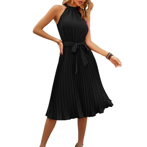 FreshPretty Women's Summer Sleeveless Halter Neck Pleated Midi Cocktail Dresses A Line Flowy Beach Sun Dress with Belt