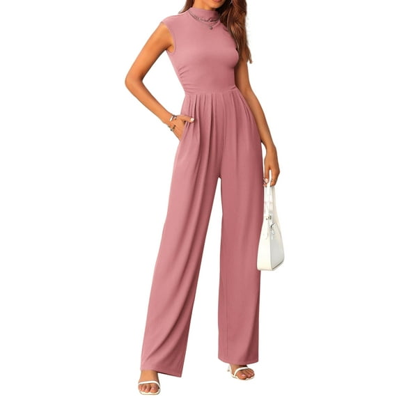 FreshPretty Womens Jumpsuit Dressy Casual Summer Outfits One Piece Cap Sleeve Mock Neck Wide Leg Pants Rompers with Pockets