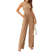 FreshPretty Womens Jumpsuit Dressy Casual Summer Outfits One Piece Cap Sleeve Mock Neck Wide Leg Pants Rompers with Pockets
