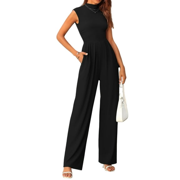 FreshPretty Womens Jumpsuit Dressy Casual Summer Outfits One Piece Cap Sleeve Mock Neck Wide Leg Pants Rompers with Pockets