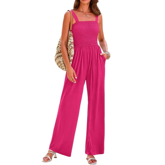 FreshPretty Womens Jumpsuit Summer Casual Loose One Piece Overalls Smocked Sleeveless Wide Leg Rompers With Pockets
