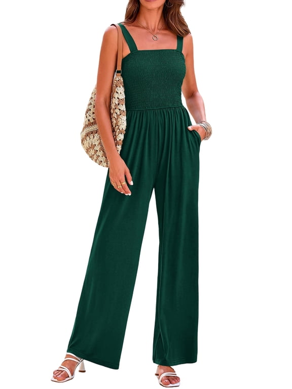 Womens Jumpsuit Summer Casual Loose One Piece Overalls Smocked Sleeveless Wide Leg Rompers With Pockets