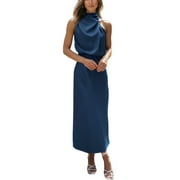 FRESHPRETTY Womens Sleeveless Cocktail Dresses Mock Neck Keyhole Elastic High Waist Evening Party Maxi Wedding Guest Dress