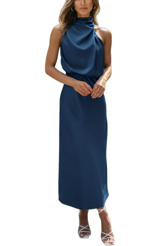 Womens Sleeveless Cocktail Dresses Mock Neck Keyhole Elastic High Waist Evening Party Maxi Wedding Guest Dress