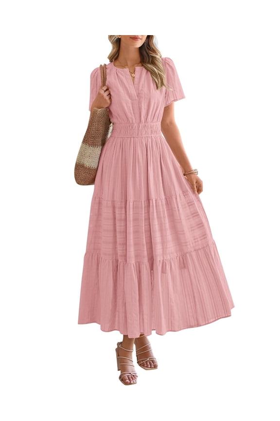Womens Summer Casual Midi Maxi Dresses Lightweight Short Sleeve V Neck Elastic Waist Boho Beach Dress Pockets