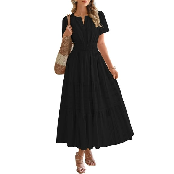 FreshPretty Womens Summer Casual Midi Maxi Dresses Lightweight Short Sleeve V Neck Elastic Waist Boho Beach Dress Pockets