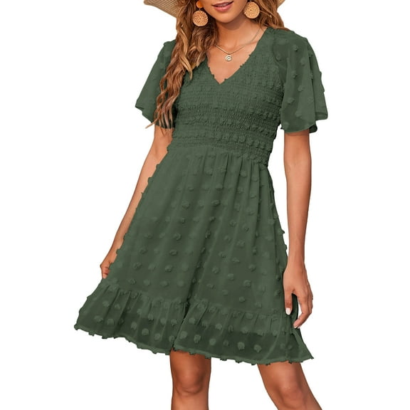 FreshPretty Womens V Neck Casual Vacation Dress Short Sleeve Smocked Swiss Dot Swing Ruffle Mini Beach Summer Dresses