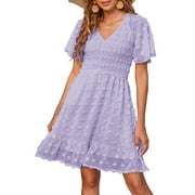 FRESHPRETTY Womens V Neck Casual Vacation Dress Short Sleeve Smocked Swiss Dot Swing Ruffle Mini Beach Summer Dresses