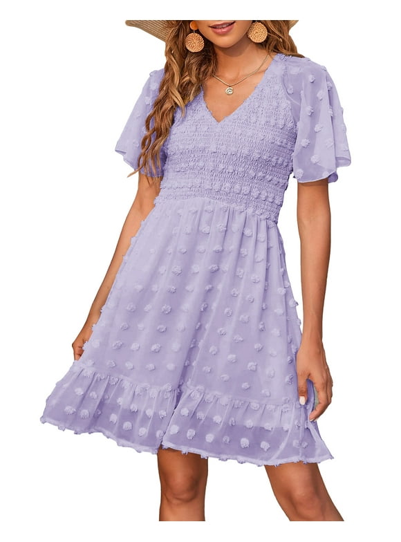 Womens V Neck Casual Vacation Dress Short Sleeve Smocked Swiss Dot Swing Ruffle Mini Beach Summer Dresses