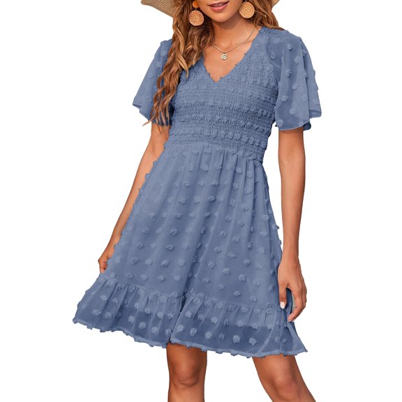 FreshPretty Womens V Neck Casual Vacation Dress Short Sleeve Smocked Swiss Dot Swing Ruffle Mini Beach Summer Dresses