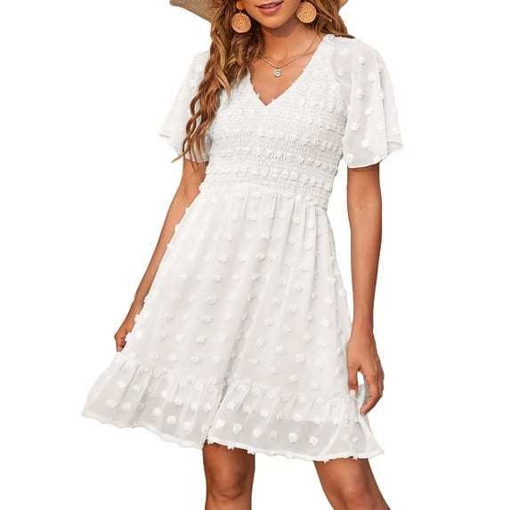 FreshPretty Womens V Neck Casual Vacation Dress Short Sleeve Smocked Swiss Dot Swing Ruffle Mini Beach Summer Dresses