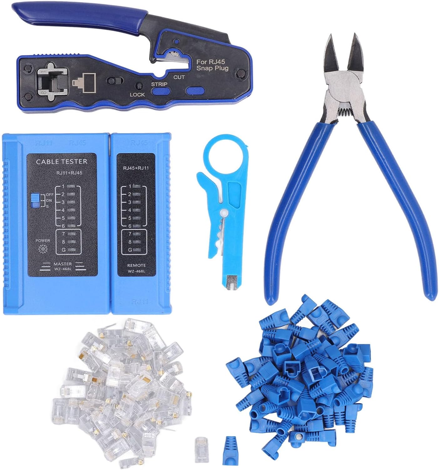 XIOP RJ45 Crimp Tool Kit, Pass Through Ethernet Crimper for Cat5e Cat6 Cat6a 8P8C Modular Connectors Plugs, Multifunctional All in One Crimping Tool and Tester (Battery Not Included)-0906
