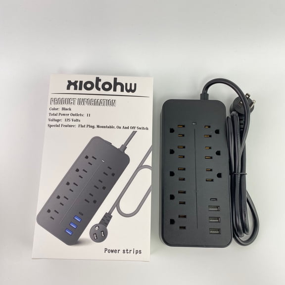 XIOTOHW Power strips, Black Surge Protector with Outlets - Spacious Design for Large Plugs, Flat Plug, 20W USB C Charging for Home, Office, ETL Listed